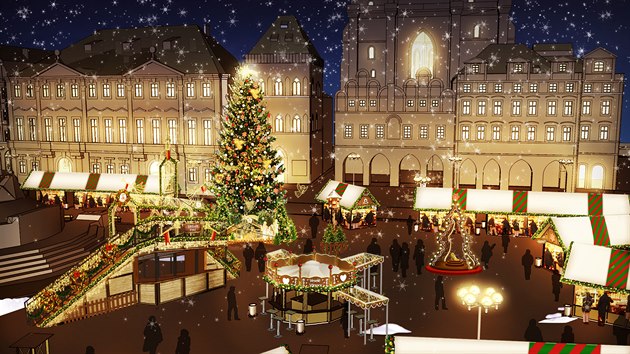 Podoba vánočních trhů na Staroměstském náměstí.