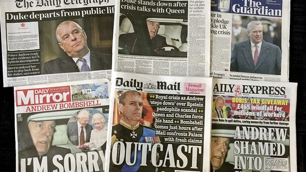 Princ Andrew na titulkách britských médií po oznámení, že kvůli skandálu s miliardářem Epsteinem odchází z veřejného života (21. listopadu 2019).