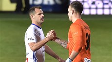 Opavský branká� Vilém Fendrich (vpravo) p�ijímá gratulace ke skv�lému výkonu od...