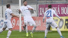 Patrizio Stronati z Ostravy(uprosted) slaví gól z penalty v utkání s Teplicemi.