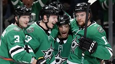 John Klingberg, Esa Lindell, Andrew Cogliano a Radek Faksa (zleva) se radují z...