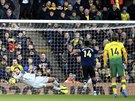 Brankář Norwich City Tim Krul (vlevo) kryje penaltu Arsenalu.