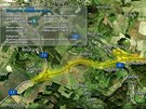 Zhruba pět kilometrů dlouhá silnice (žlutě) má propojit trasu od Mostu s...