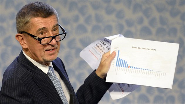 Premir Andrej Babi ukazuje graf emis oxidu uhliitho. Tiskov konference k vldnm opatenm na ochranu klimatu. (29. listopadu 2019)