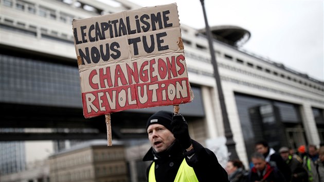 Kapitalismus ns zabj. Zmme ho. Revoluce, stlo na transparentu jednoho z demonstrant v Pai. (7.12.2019)