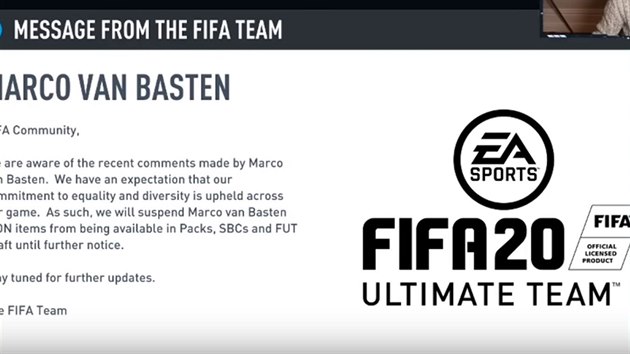 FIFA 20 - oznámení o odstranění Marca van Bastena