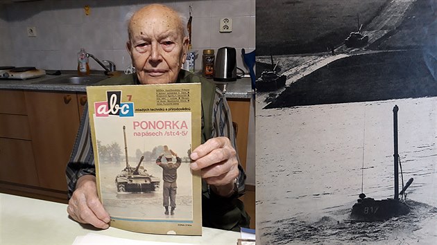 Armáda dlouho tajila způsob překonávání řek pomocí tanků. Informace veřejnost dostala až v roce 1977 v časopise ABC, které na snímku Josef Haisler drží. Vpravo snímek z jeho archivu.