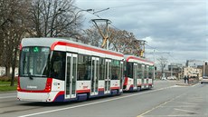 Jedna z tramvají olomouckého dopravního podniku na zastávce u hlavního vlakového nádraí.