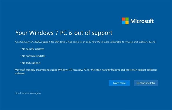 Oznámení o konci podpory Windows 7