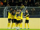 Fotbalisté Borussie Dortmund se radují z vedoucí branky v duelu Ligy mistr...