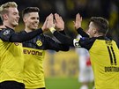 Radost fotbalist Dortmundu, kteí se v domácím zápase Ligy mistr proti Slavii...