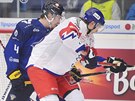 Tarmo Reunanen (vlevo) z Finska a český hokejista Dmitrij Jaškin bojují před...