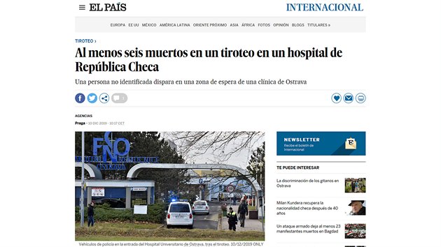 Zprva o stelb ve Fakultn nemocnici v Ostrav na webu El Pas. (10. prosince 2019)