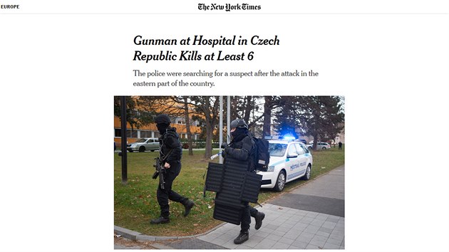 Zprva o stelb ve Fakultn nemocnici v Ostrav na webu The New York Times. (10. prosince 2019)