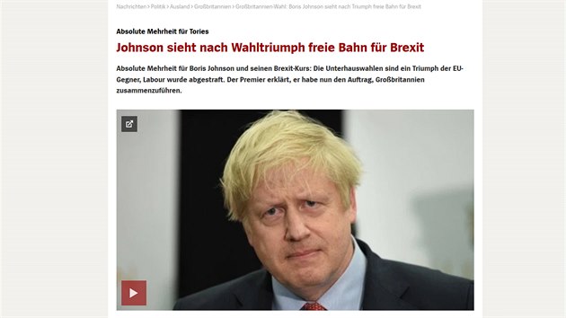 Zprva o volebnm vtzstv Konzervativn strany britskho premira Borise Johnsona na webu Spiegel.de. (13. prosince 2019)