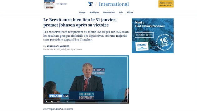 Zprva o volebnm vtzstv Konzervativn strany britskho premira Borise Johnsona na webu denku Le Figaro. (13. prosince 2019)