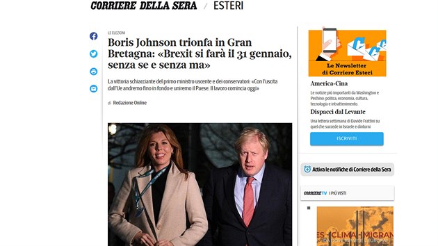 Zprva o volebnm vtzstv Konzervativn strany britskho premira Borise Johnsona na webu Corriere della Sera. (13. prosince 2019)