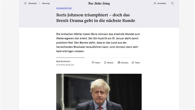 Zprva o volebnm vtzstv Konzervativn strany britskho premira Borise Johnsona na webu Neue Zrcher Zeitung. (13. prosince 2019)