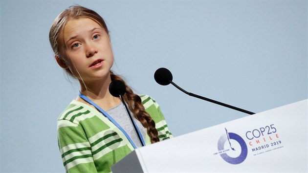 Ekologick aktivistka Greta Thunbergov pedn na konferenci OSN o zmnch klimatu v Madridu. (11. prosince 2019)