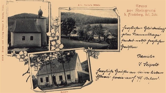 Historick� pohlednice z roku 1904 zachycuj�c� vzhled osady Kamenn� v Jesen�k�ch