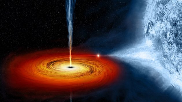 Ilustrace obecně ukazující soužití černé díry a hvězdy v binární soustavě.