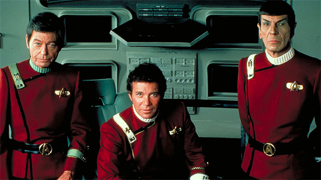 DeForest Kelley, William Shatner a Leonard Nimoy ve filmu Star Trek II: Khanův hněv (1982)