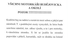 Leták, který koluje u nkolik dní po eských Budjovicích, vyzývá motorkáe,...