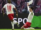 eský útoník Patrik Schick z Lipska slaví svj gól proti Augsburgu svleením...