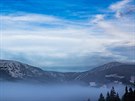 Pohled na Sněžku od Žižkovy boudy v Krkonoších (17. 12. 2019)