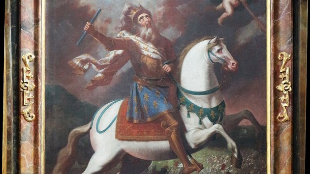 Svat� Ludv�k na obrazu z olt��e z�meck� kaple v Jevi�ovic�ch, jeho� autorem je Tobias Pock. Francouzsk� kr�l na b�l�m koni vzhl�� k nebes�m, pozad� tvo�� krajina s hladinou mo�e a pob�e��, na n�m� se odehr�v� bitva mezi k�i��ky a Sarac�ny.