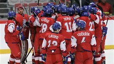 Čeští hokejisté do dvaceti let se radují po vítězném přípravném utkání proti...