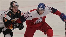 eský hokejista Jaromír Pytlík v souboji s Tarem Jentzschem z Nmecka.