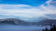 Pohled na Sněžku od Žižkovy boudy v Krkonoších (17. 12. 2019)