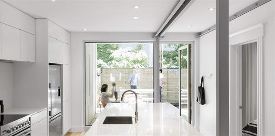 Kuchyň je zařízena v minimalistickém designu s důrazem na bílou barvu...