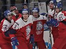 Čeští hokejisté do 20 let slaví gól proti Spojeným státům.