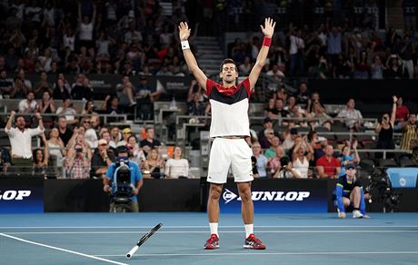 ATP Cup: Novak Djokovi po vítzné bitv s Kevinem Andersonem.