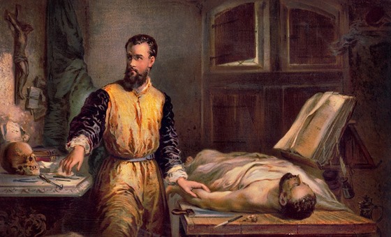 Belgický otec anatomie Andreas Vesalius při pitvě