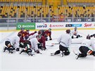 Hokejisté Sparty se protahují na tréninku v Dráanech, kde sehrají zápas s...