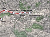 Mapa zaniklé trati 16e Kadaňský Rohozec – Doupov