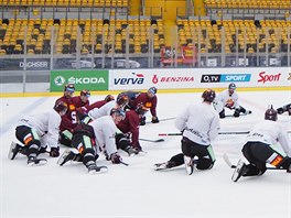 Hokejisté Sparty se protahují na tréninku v Dráanech, kde sehrají zápas s...