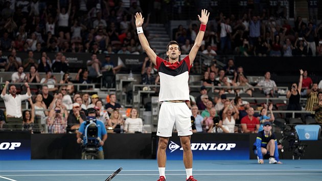 ATP Cup: Novak Djokovič po vítězné bitvě s Kevinem Andersonem.