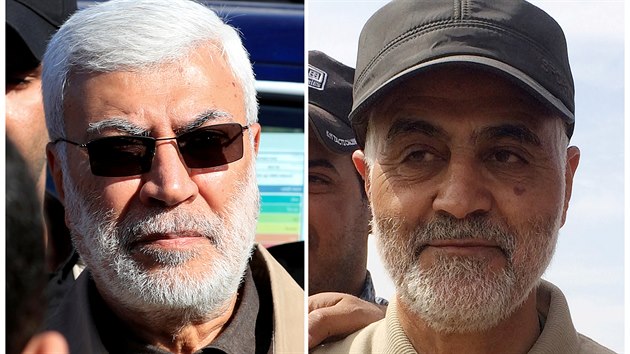 Při raketovém útoku na letiště v Bagdádu byli zabiti velitel íránských elitních jednotek Kuds Kásem Solejmání (vpravo) i zástupce velitele iráckých Lidových mobilizačních sil (PMF) Abú Mahdí Muhandis (vlevo).