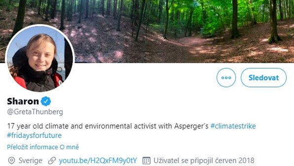Aktivistka Greta Thunbergov si zmnila na Twitteru pezdvku na Sharon. (4. ledna 2020)