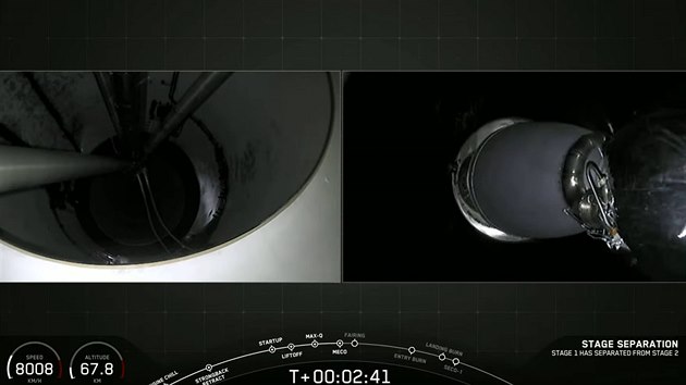 Necelé tři minuty po startu Falcon 9 odhazuje první stupeň
