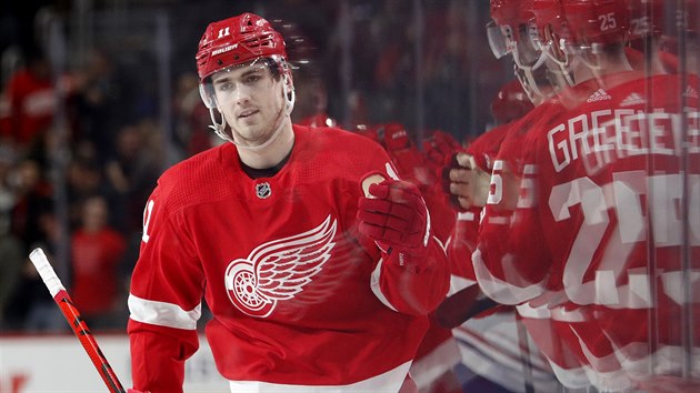 Filip Zadina se raduje ze svho glu spolen s parky z Detroitu.