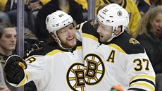 David Pastrák (88) a Patrice Bergeron (37) slaví bostonský gól.