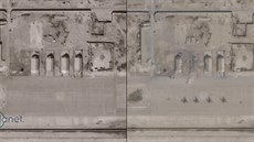 Srovnání satelitních snímk ped a po zásahu americké základny íránskou raketou