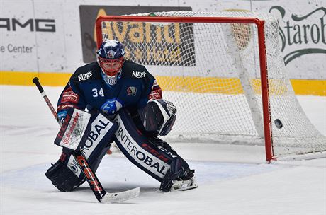 Brank Plzn Dominik Frodl v utkn proti Komet Brno.