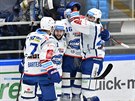Hokejisté Komety Brno se radují ze vstřelené branky v zápase proti Plzni.