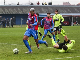 Plzeňský Jean-David Beauguel (vlevo) vede míč v zápase proti Ústí nad Labem.